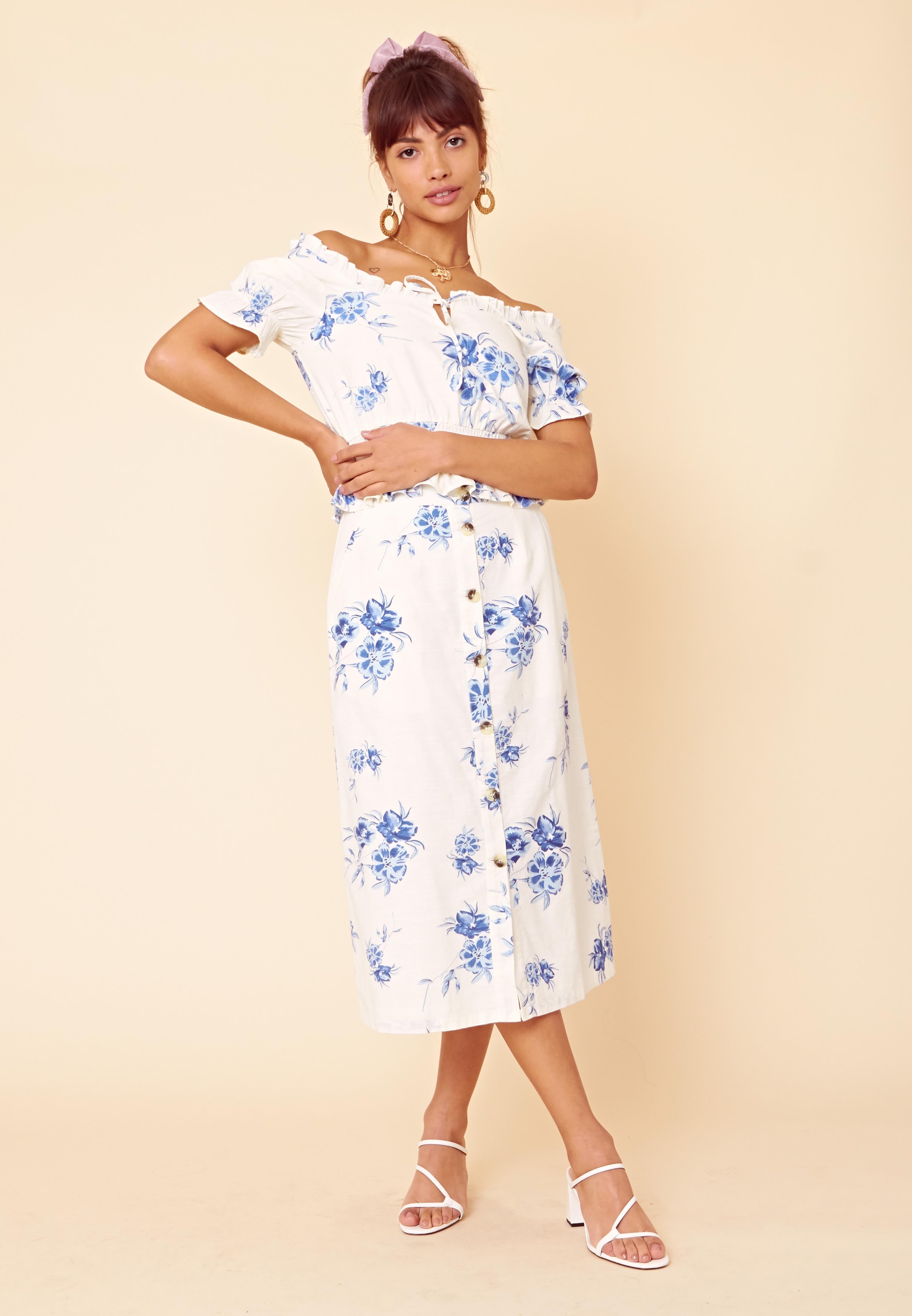 Arabella Floral Button Front Midi Skirt <br> White