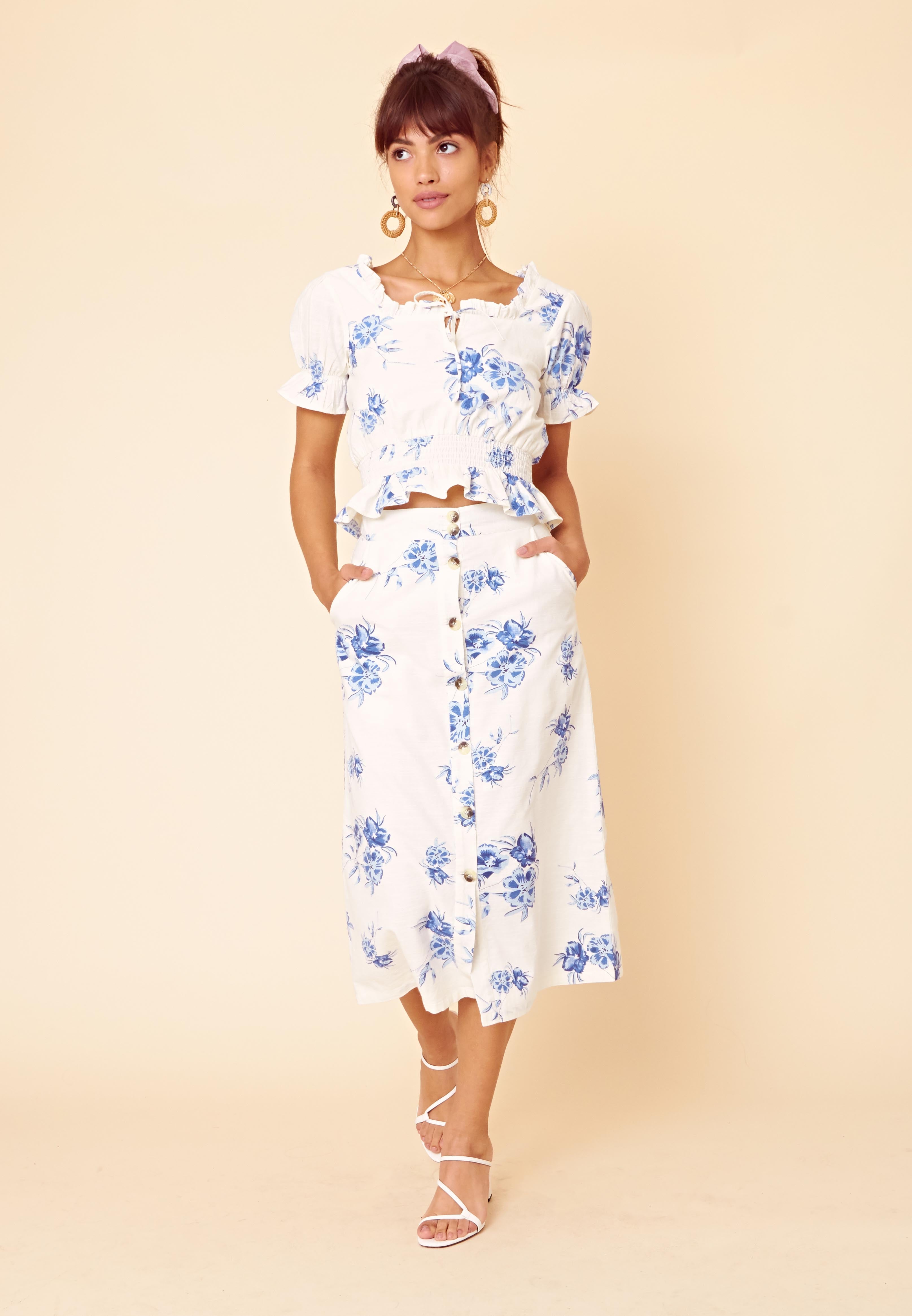 Arabella Floral Button Front Midi Skirt <br> White