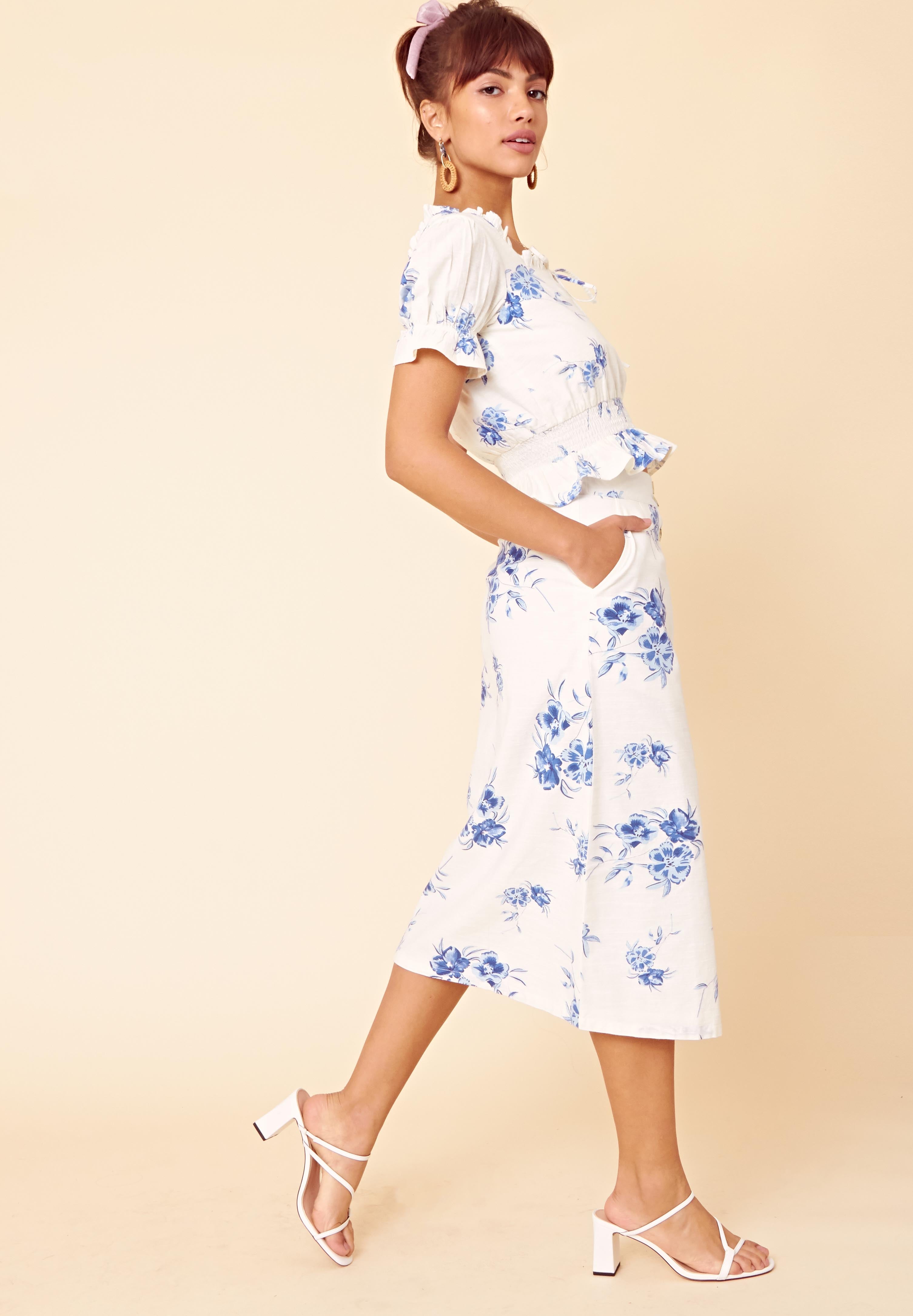 Arabella Floral Button Front Midi Skirt <br> White