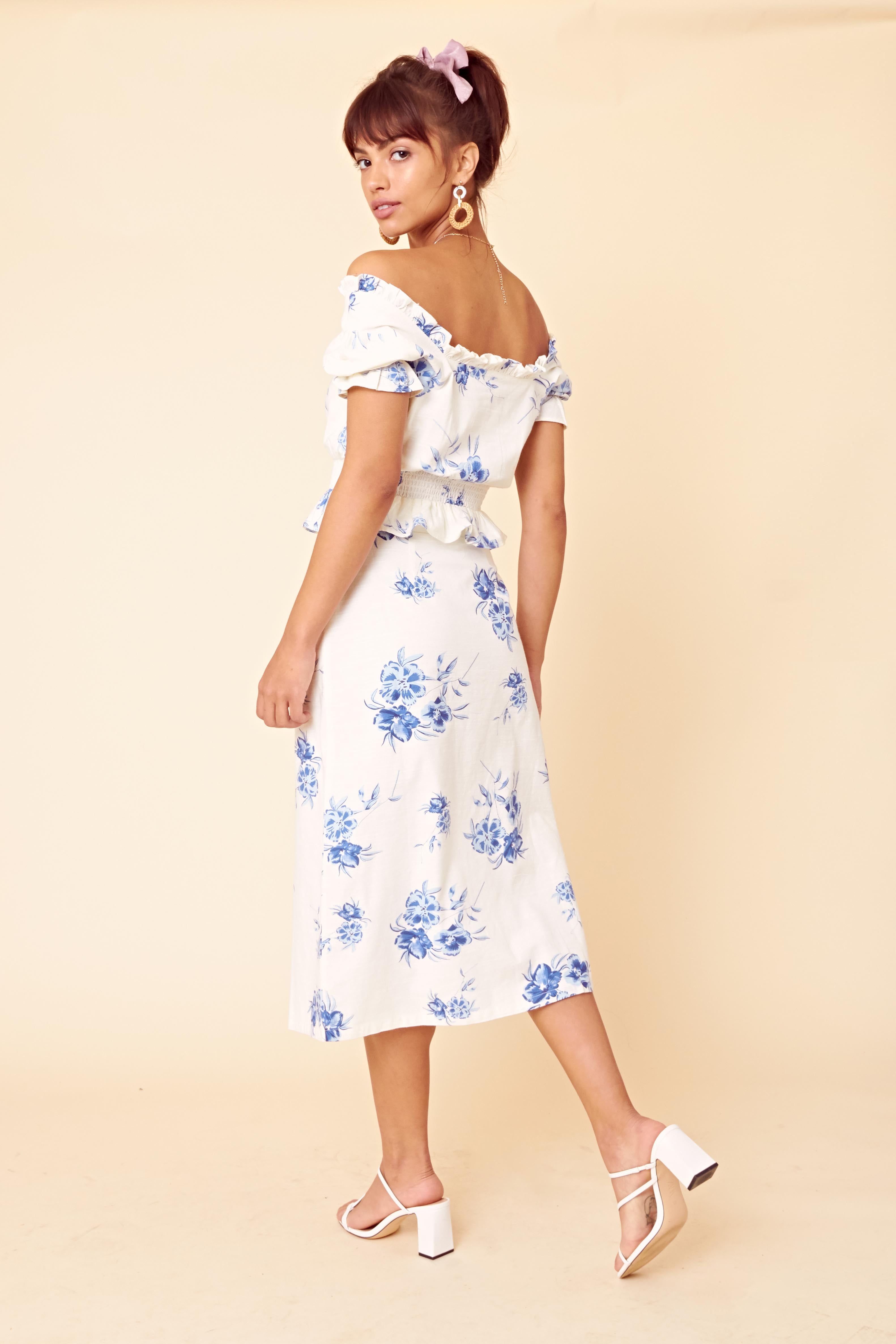 Arabella Floral Button Front Midi Skirt <br> White