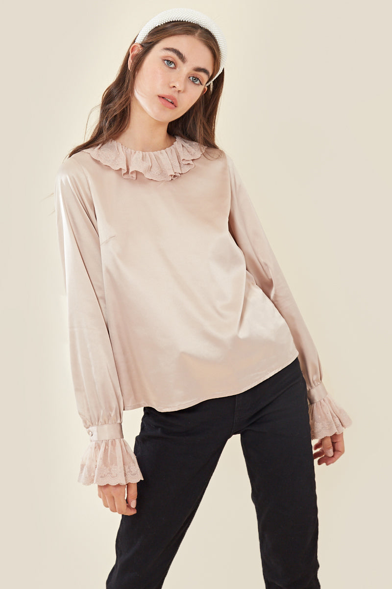 Vintage Style Lace Trim Blouse </br> Cream