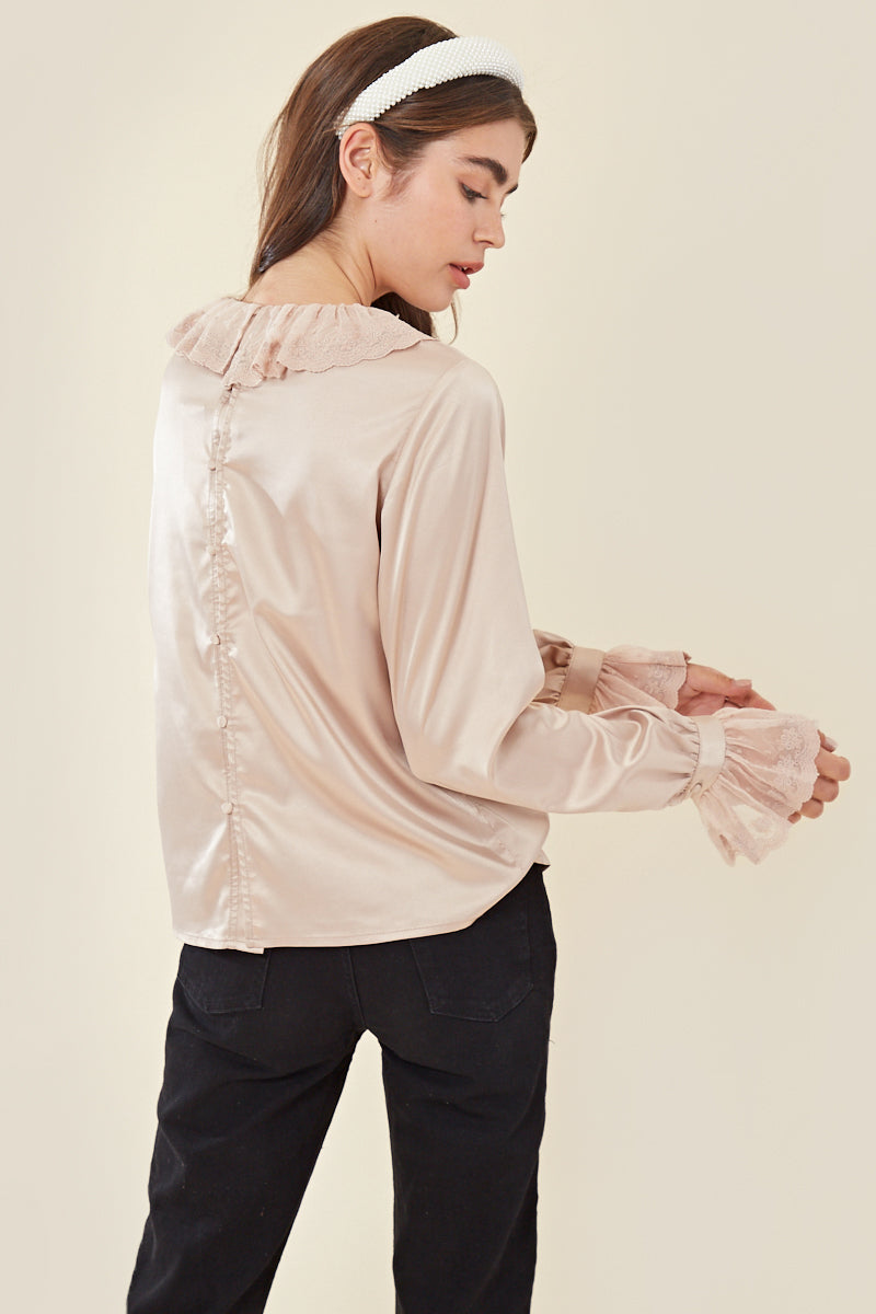 Vintage Style Lace Trim Blouse </br> Cream