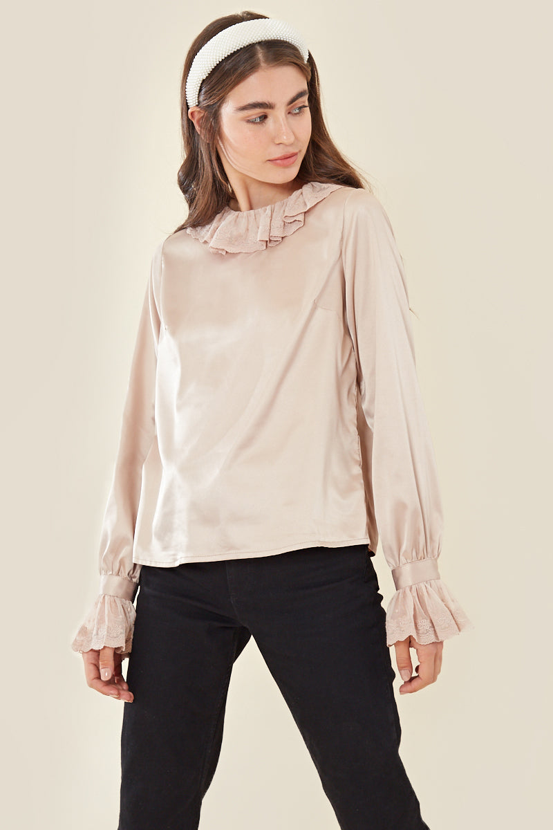 Vintage Style Lace Trim Blouse </br> Cream