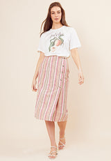 Button Front Stripe Midi Skirt  <br> Multi