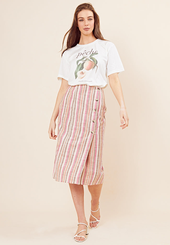 Button Front Stripe Midi Skirt  <br> Multi