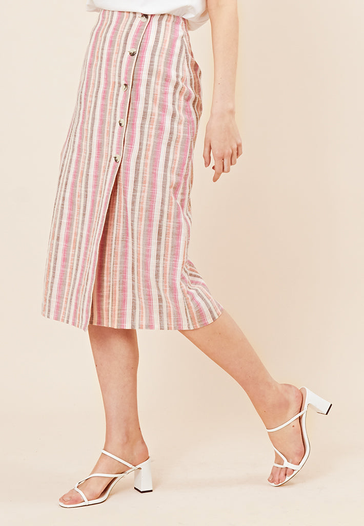 Button Front Stripe Midi Skirt  <br> Multi