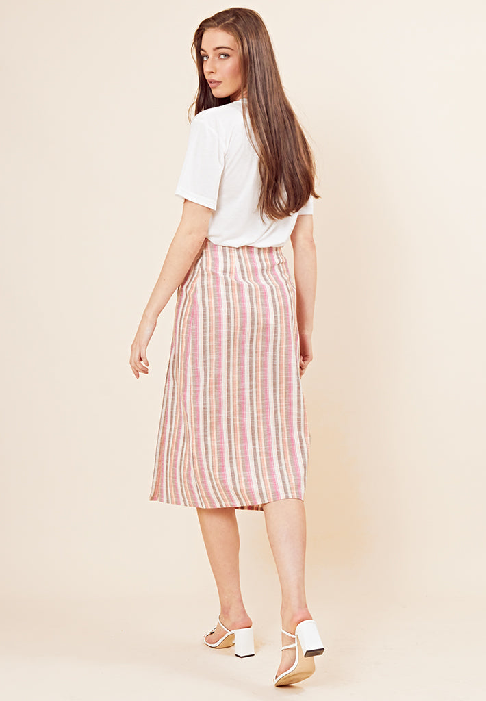 Button Front Stripe Midi Skirt  <br> Multi