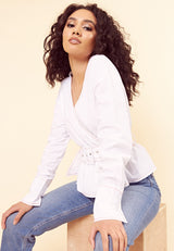 Wrap Belted Contrast Stitch Blouse <br> White