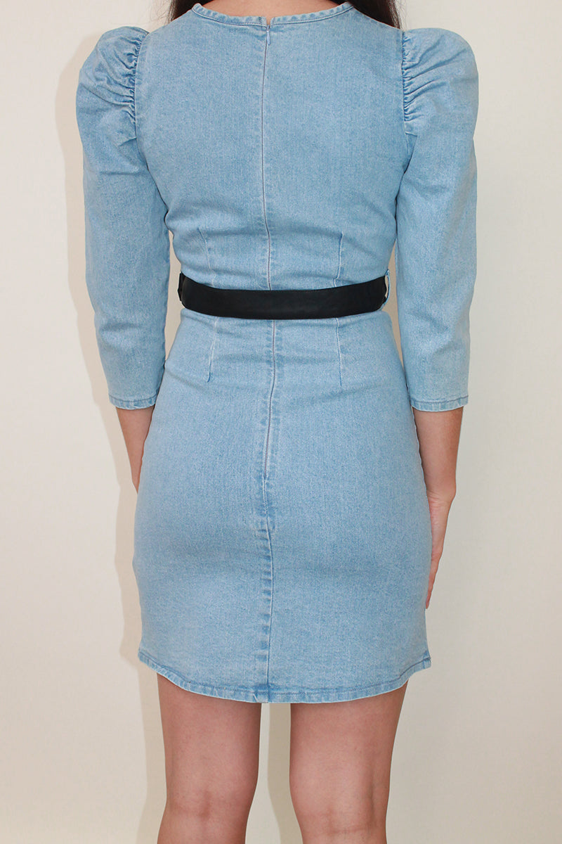 Puff Sleeves Fitted Denim Mini Dress <br/> Blue