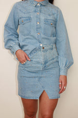 Gem Embellished Denim Mini Skirt Blue