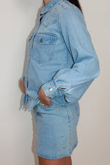 Gem Embellished Denim Mini Skirt Blue
