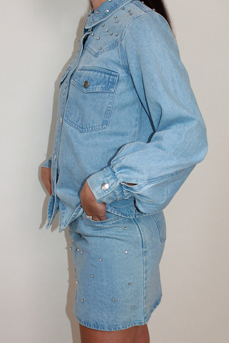 Gem Embellished Denim Mini Skirt Blue