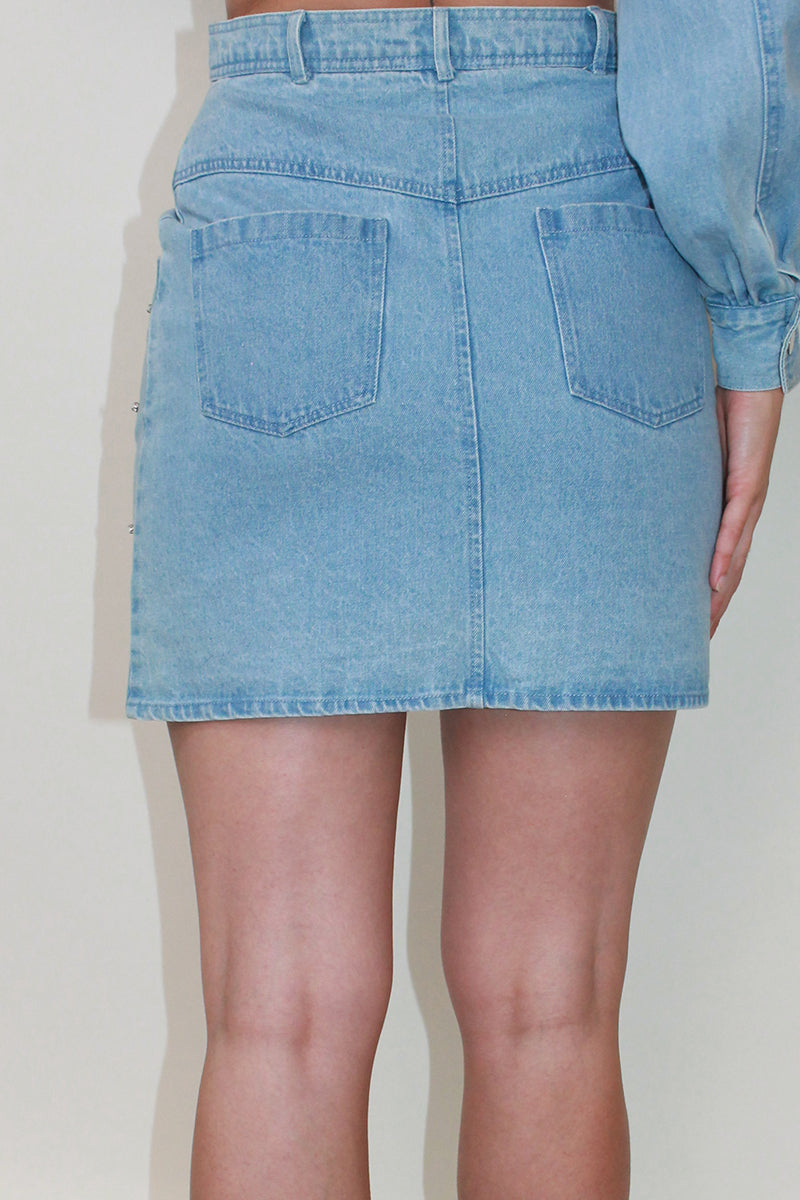 Gem Embellished Denim Mini Skirt Blue